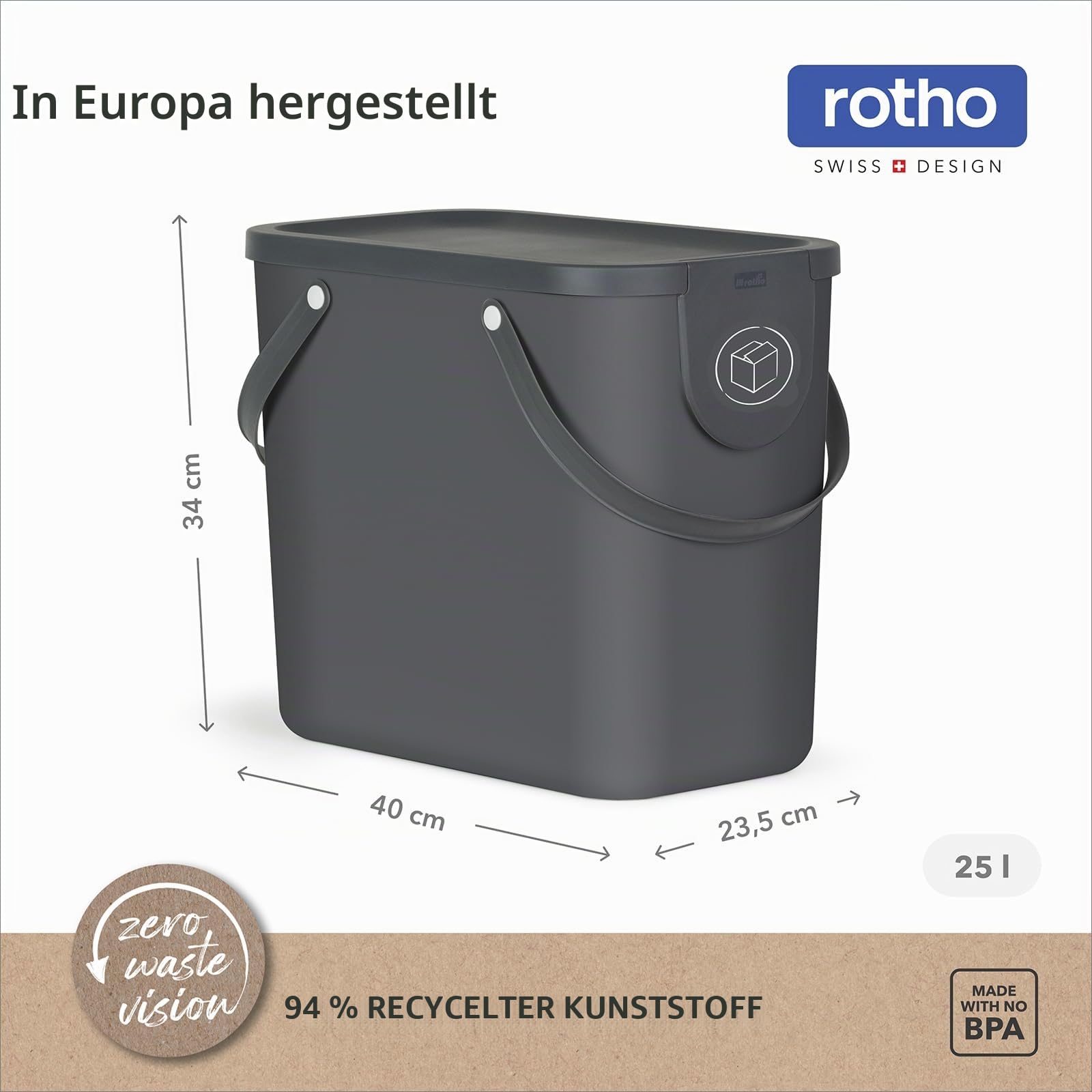 Rotho Mülleimer Küche Albula Mülltrennsystem 3-teilig mit Deckel 105 L | Mülleimer mit Deckel, Papierkorb für Büro und Haushalt, schwenkbare breite Klappe, stapelbar, zwei Tragegriffe, 6 Sticker