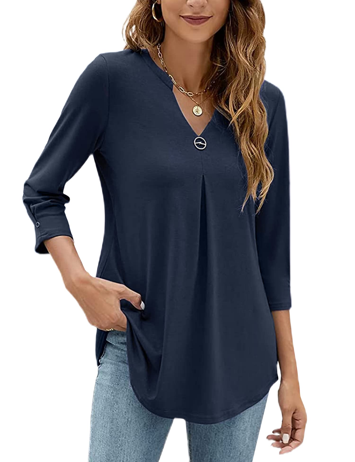 HANERDUN Blusas Mujer Elegantes Camiseta de Manga 3/4 con Cuello en V Verano Top Túnica