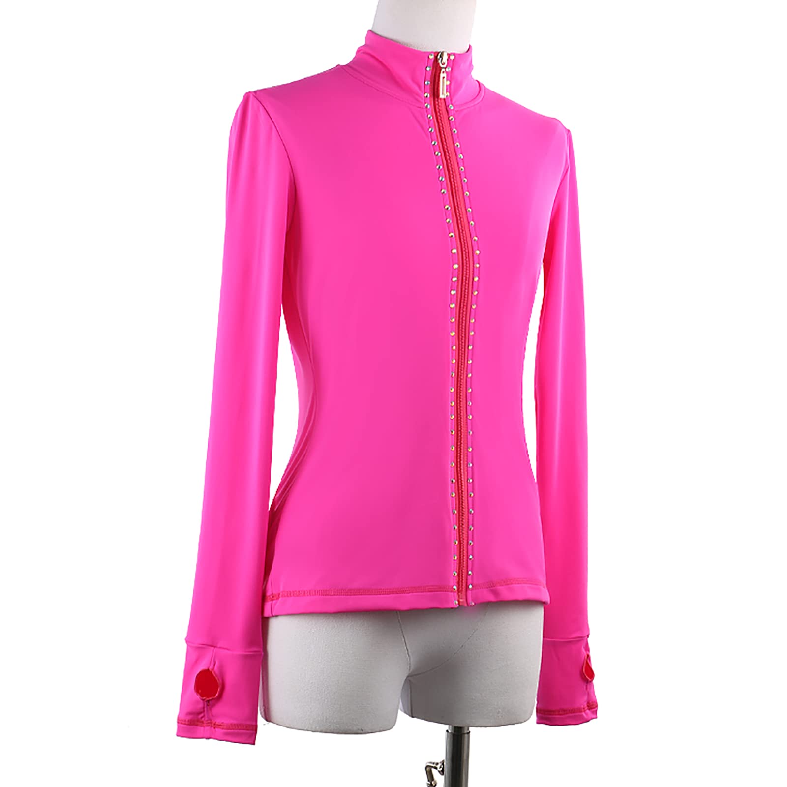 Chaqueta de Patinaje Artístico con Pedrería y Brazalete para Pulgar Niñas y Mujeres Manga Larga Prendas Abrigo Entrenamiento de Patinaje sobre Hielo(Size:S.,Color:Rosa roja)