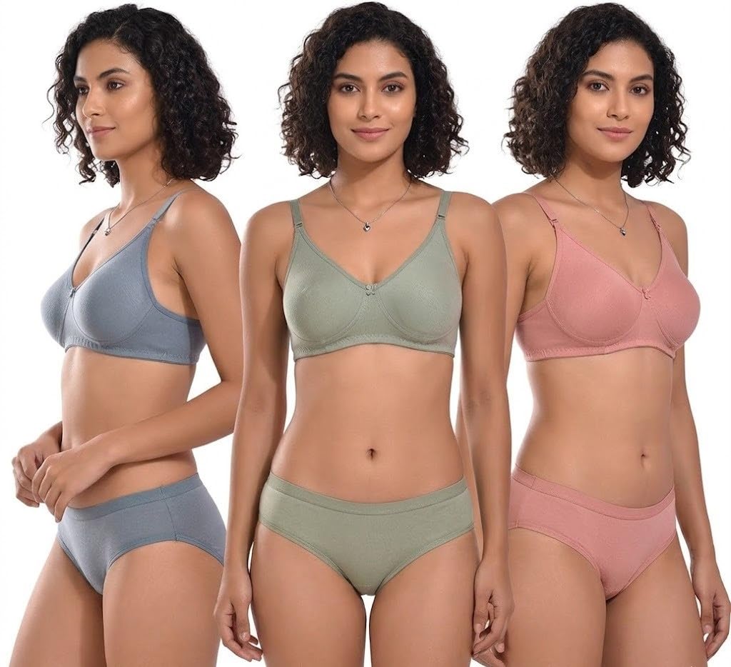 Women's Cotton Lingerie Set with Full Coverage Bra and Hipster Panty, Non-Padded 3 Pair Lingerie Set (Multicolor)-picture-55