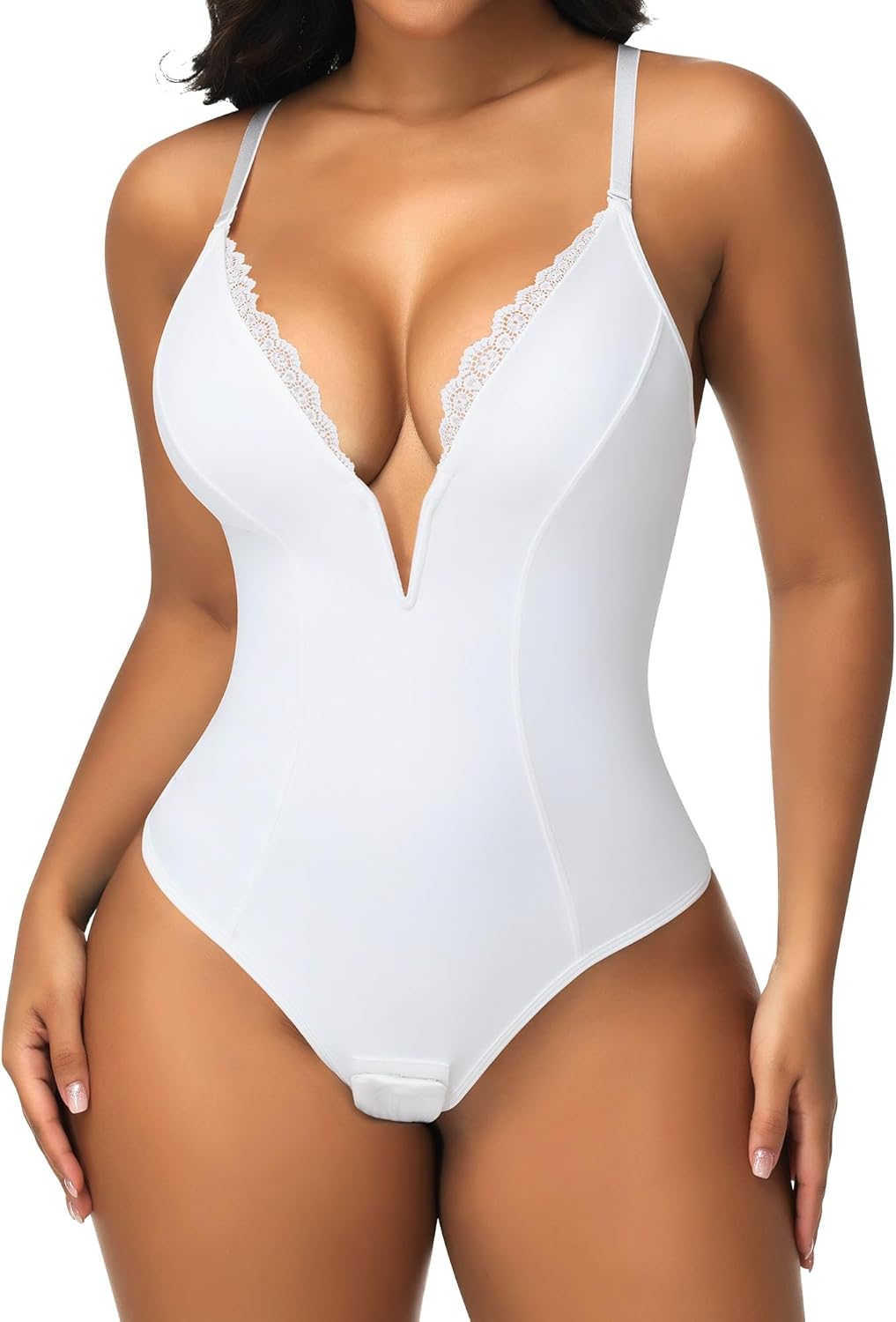 SHAPERIN Women's Lace Trimmed Deep V Neck Bodysuit Plunge Tummy Control Shapewear Thong Body Suits Cami Tank Corset Tops