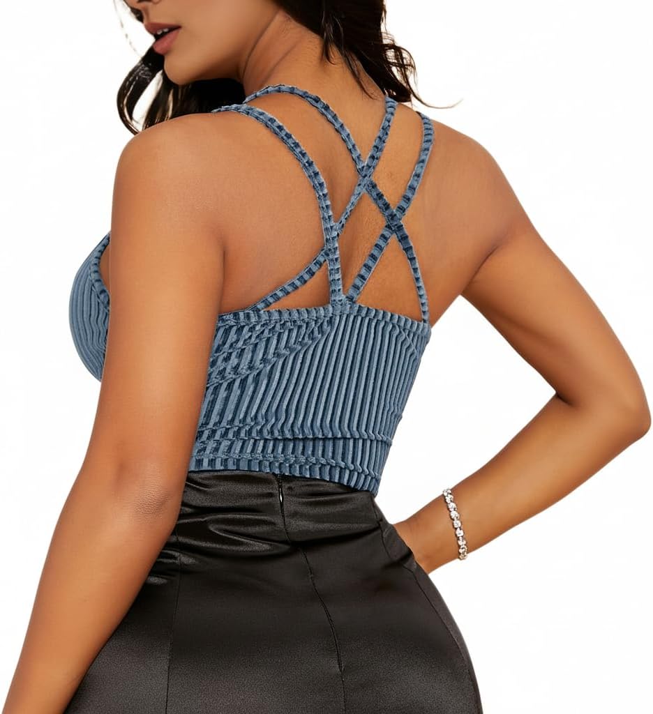 HDZIYU Women's Black Velvet Ribbed Crisscross Back Crop Cami, Sexy V Neck Slim Fit Tank Top, Standard XS-XL for Daily Party - Image 4