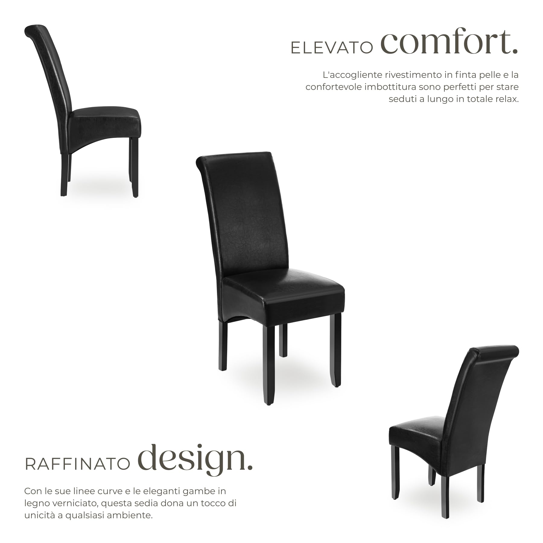 tectake® Set 6 Sedie Sala da Pranzo Ergonomiche, Sedie Moderne Sala da Pranzo con Gambe in Legno Massiccio, Sedie Comode per Ideali per Soggiorno e Cucina, Design Elegante - Nero