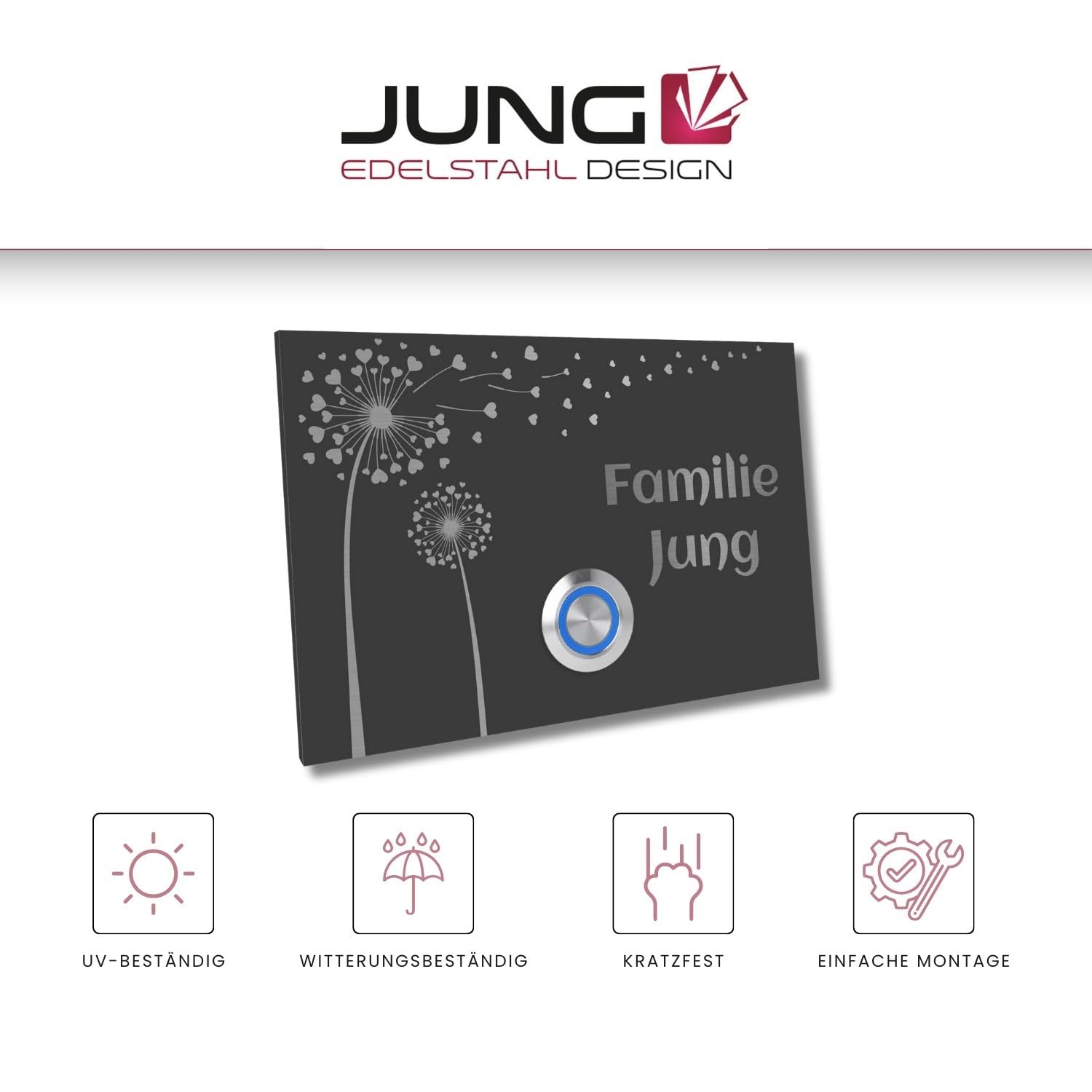 Jung Edelstahl Design Türklingel London 2 anthrazit RAL7016 pulverbeschichtet | Motiv Pusteblume Klingelschild 12 X 8 cm | Haustürklingel V2A Edelstahl LED Taster (weiß)