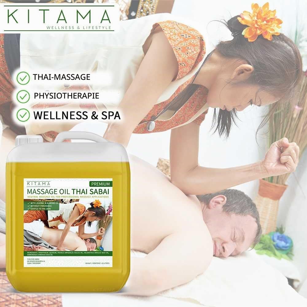 Kitama Massageöl Set 10L (2x5L Kanister) Parfümfrei plus Pumpe | Inkl. 5L Massageöl Neutral (für Allergiker) & 5L Massageöl Thai Sabai mit Jojoba & Mandel. Duftfrei für Profis,
