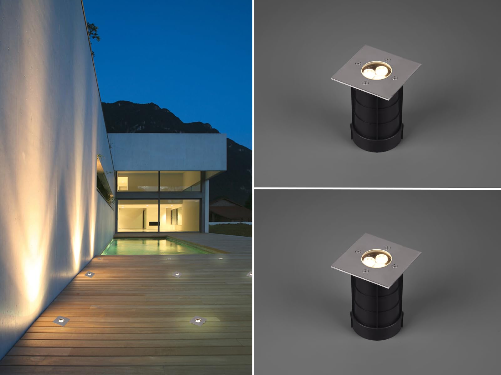 Set di 2 faretti da incasso a LED angolari da pavimento, in acciaio inox, 11 x 11 cm, grado di protezione IP65, portata fino a 2000 kg, illuminazione ideale per esterni