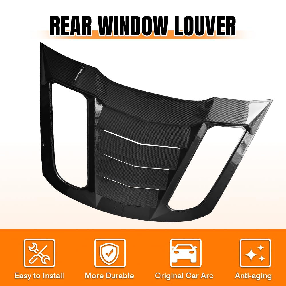 MODILOVER Rear Window Louver, Compatible with 2015-2024 Ford Mustang Coupe(Not Fit Convertible), ABS Plastic Black Carbon Fiber Print IKON V2 Style Back Window Windshield Sun Shade Cover Vent