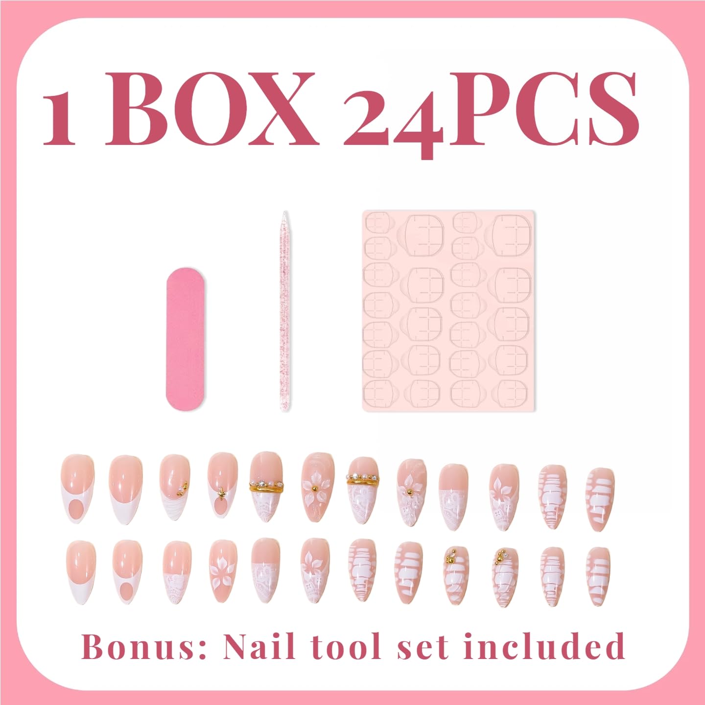 24Pcs White Flower Press on Nails Medium Almond Fake Nails 3D Gold Gems Rhinestone Floral Acrylic Nails White French Tip False Nails Lace Full Cover French Stick on Nails Kit for Women Manicure
