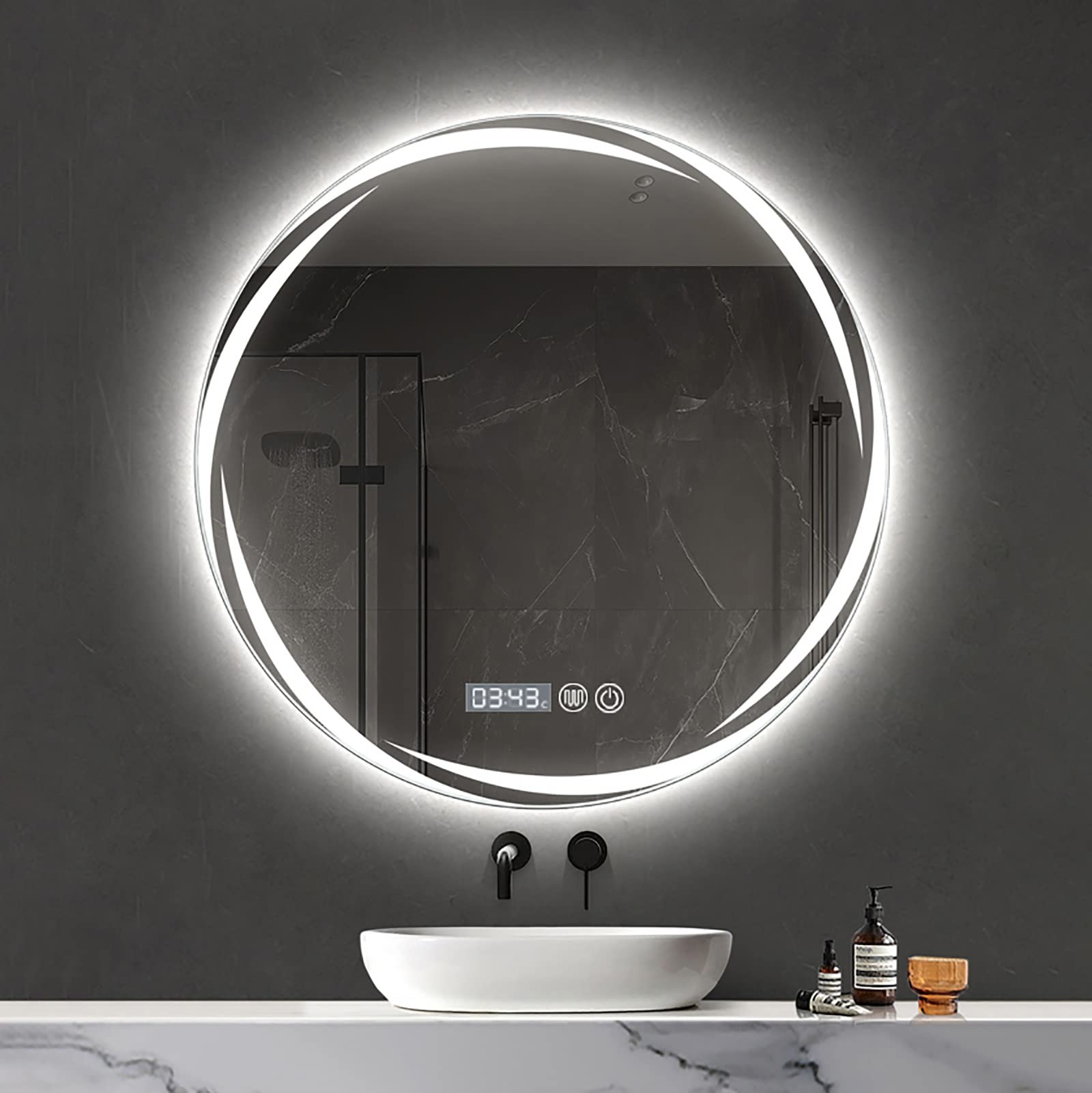 Lustro łazienkowe ze światłem, 60X60 CM, okrągłe lustra LED ze światłami, trójkolorowe ściemniane światła, inteligentny przeciwmgielny, przełącznik dotykowy, wodoodporny, do sypialni, prysznica, salon