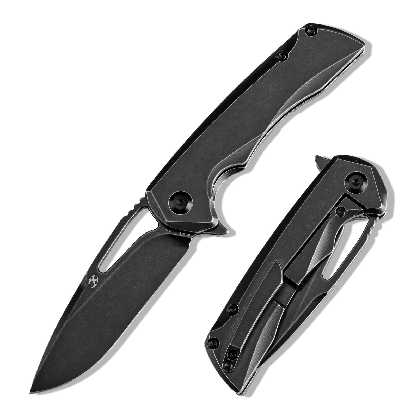 KANSEPT Mini Kryo Folding Pocket Knives S35VN 6.64in with 2.9in Blackwash CPM S35VN Drop Point Blade and Blackwash Titanium Finish Handle for Outdoor, Tactical, Survival and EDC K2001S1