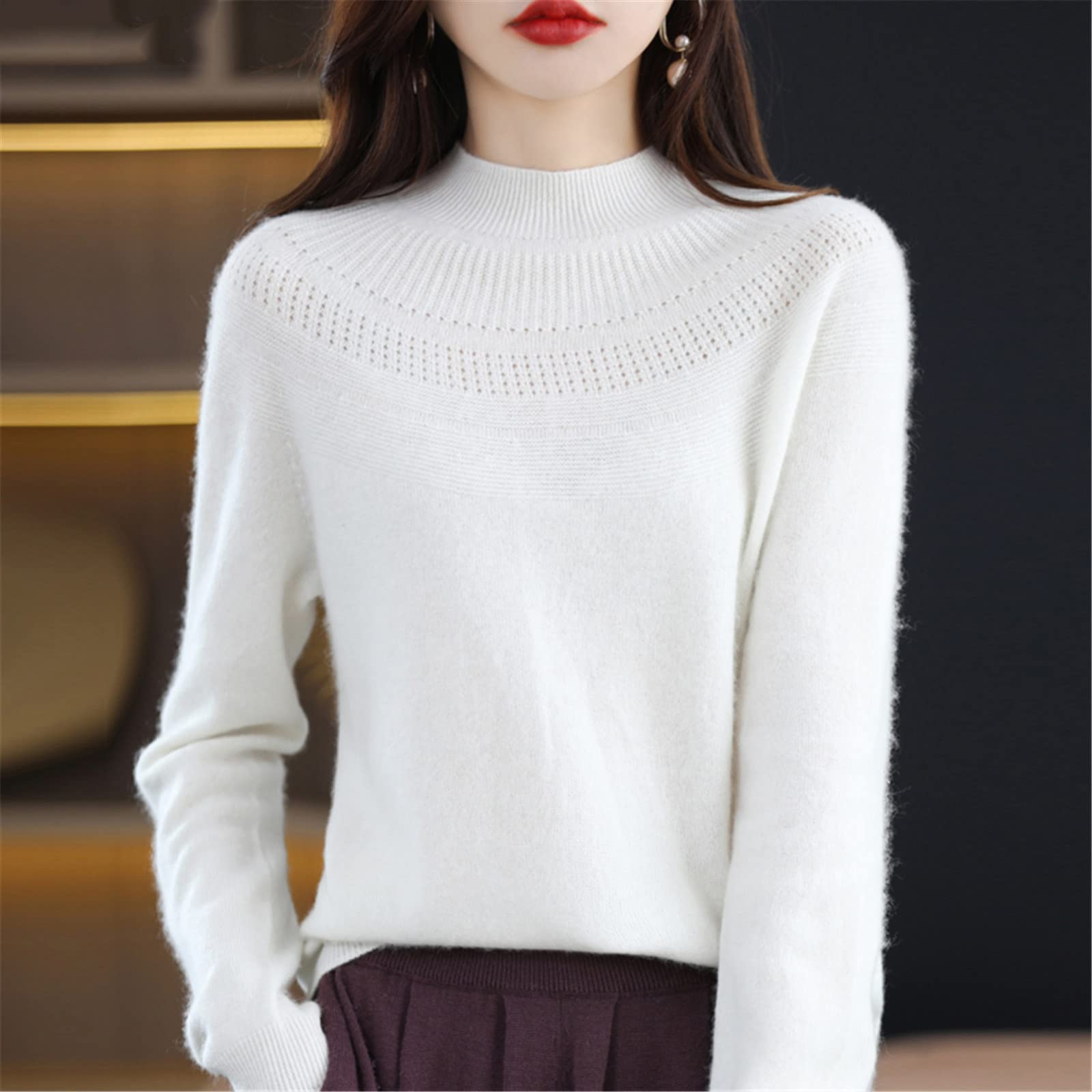 Kelsiop Suéter de cachemira sin costuras para mujer, suéter de lana con cuello alto para otoño e invierno, suéter de lana
