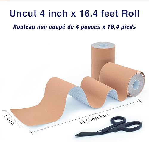 Miniatura 5 de GALLOP Cinta de kinesiología (2 rollos) de 4 pulgadas extra ancha, 16.4 pies cada uno, cinta elástica de soporte muscular prémium (beige (2 rollos +