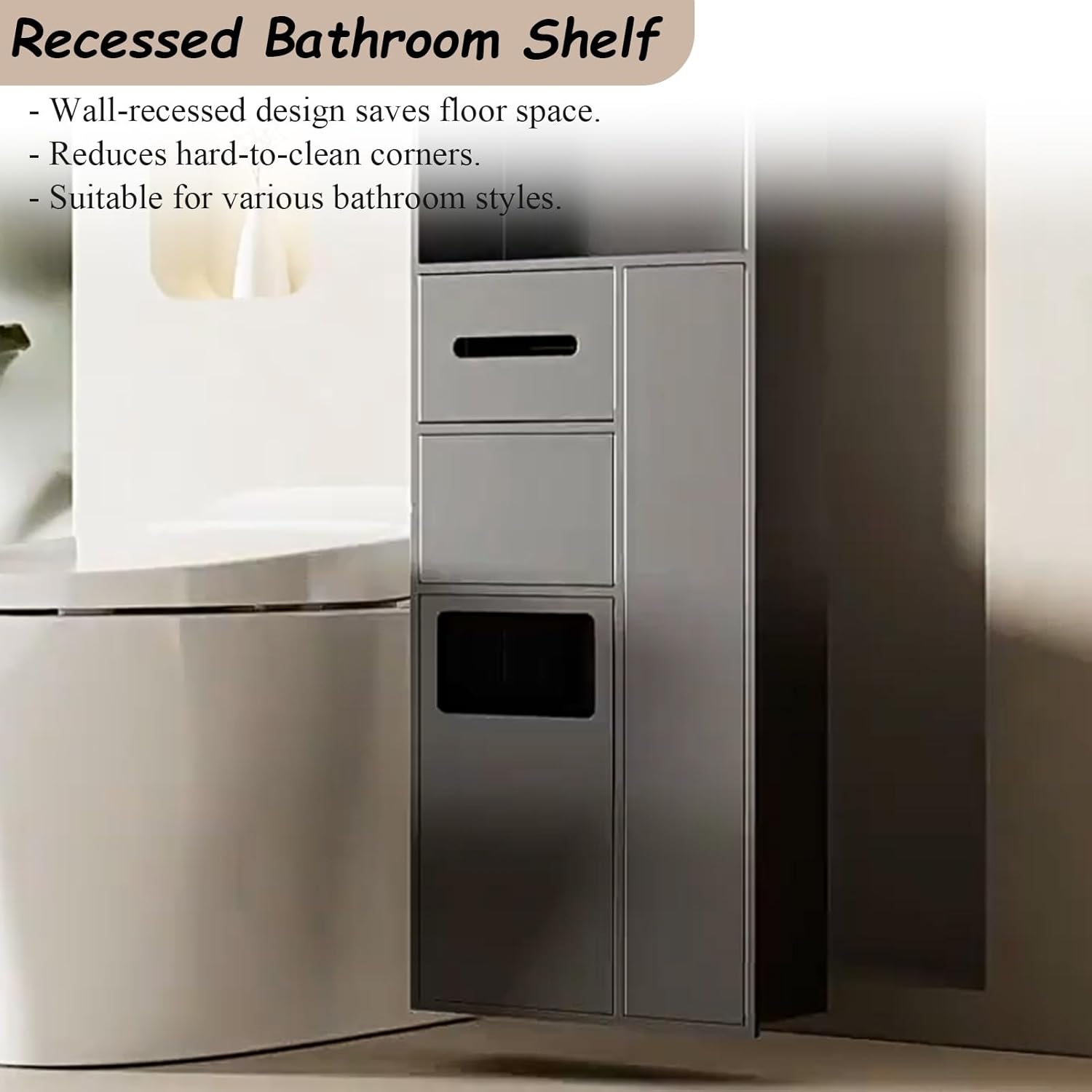 Lar for Shower Wall, Toilet Paper + Open & Private STO Shelf + Trash Bin + Toilet Brush Holder, Embedded Shower s(Black)