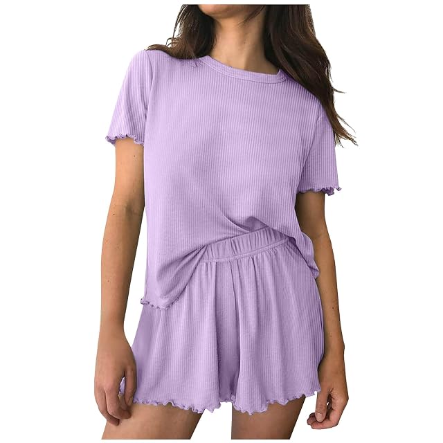 Generic Womens Pajamas Set 2 Piece Ribbed Knit Short Sleeve Crewneck Top Shorts Lounge Sets Loose Casual Soft