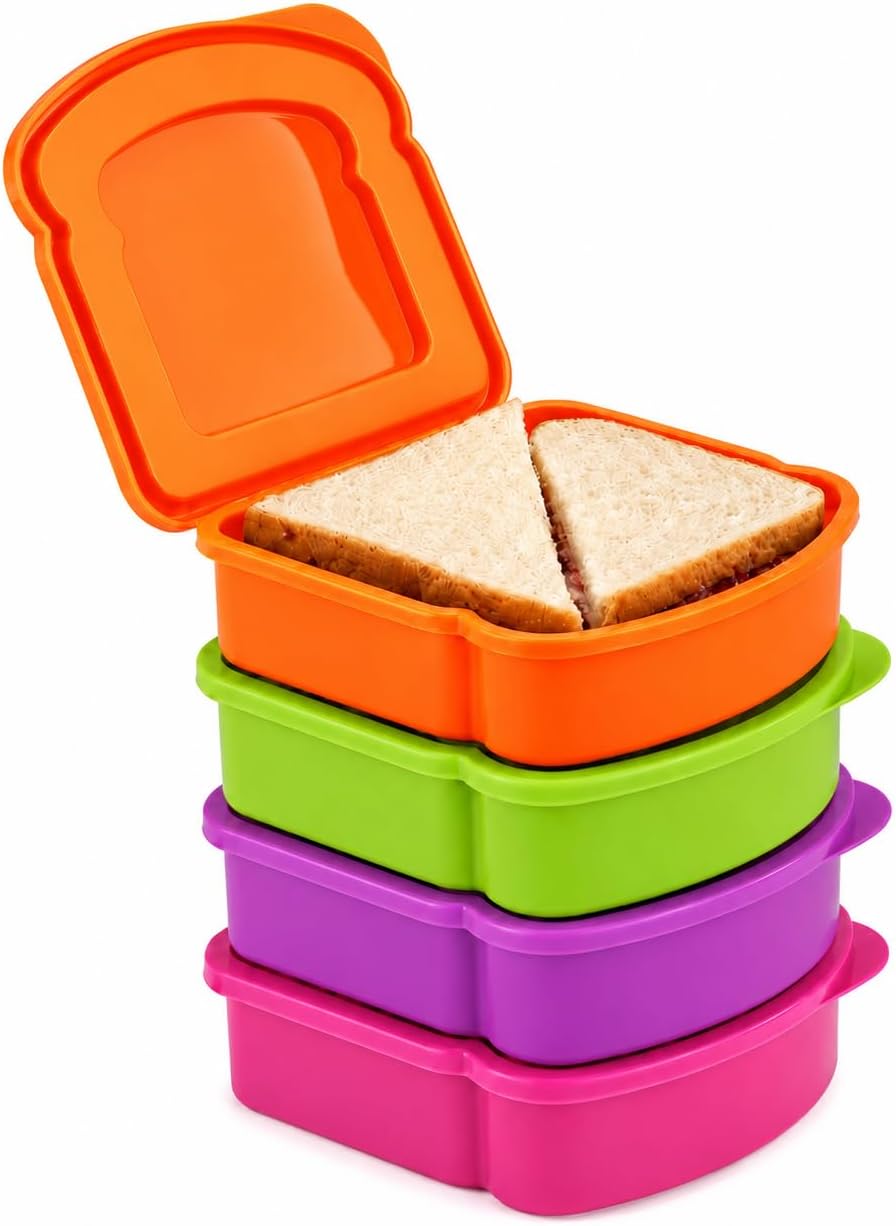 4 Pack - Fun Size Sandwich Containers - Connected Lid Assures Top & Bottom Always Make it Home. Reusable, BPA Free Plastic - Sandwich Box - Use for Fruit, Salad, Lunch Box Snacks and Food Storage