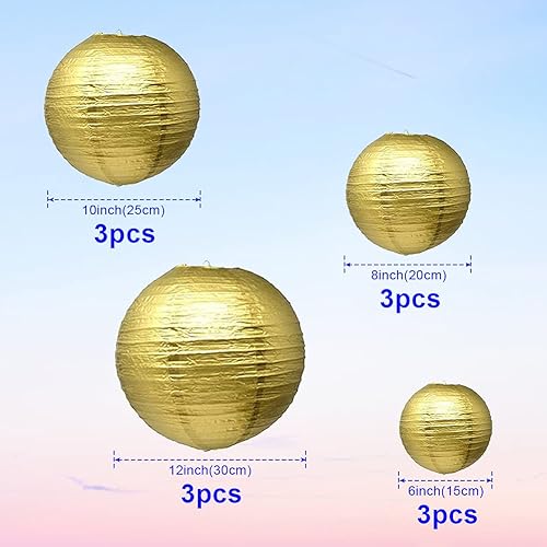 Miniatura 2 de Linternas de papel doradas 12 unidades de tamaños surtidos de 6, 8, 10, 12 pulgadas, chinos, redondos, para colgar, decoración de bola, lámparas