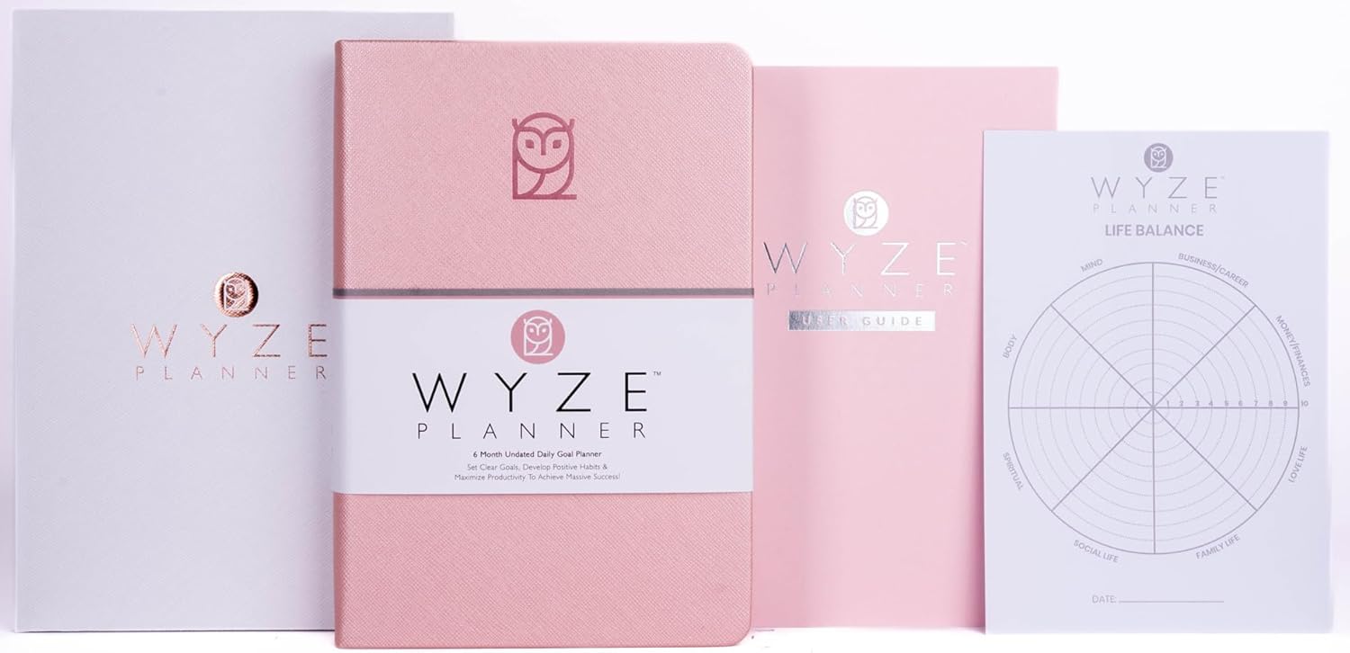 Wyze Planner Undated Daily Planner – 6-Month A5 Productivity Organizer with Full Page Per Day, Hourly Schedule, Goal Setting, Habit Tracker, Weekly & Monthly Pages – Hardcover Time Management Notebook (Pink)