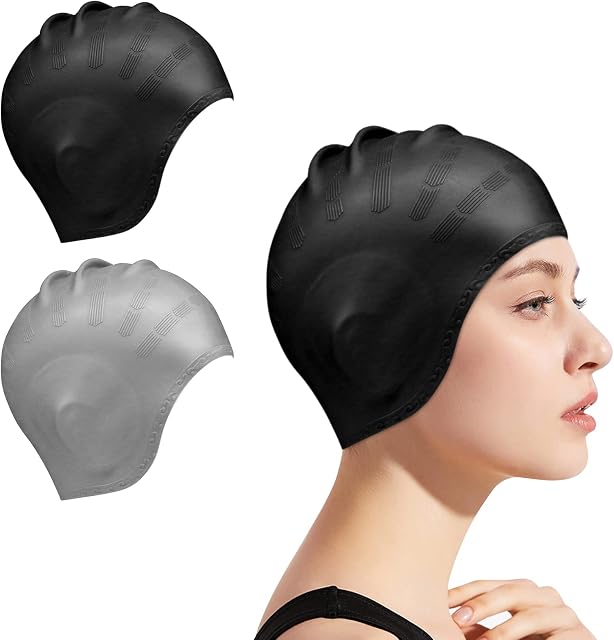 Skycase Swim Cap 2 Pack Unisex Swimming Cap with 3D Ear Protection, Durable Flexible Silicone Swimming Hats for Men Women Adults Kids, Bathing Swimming Caps for Long/Short Hair