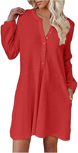 Miniatura 1 de Ribbed Knit Dress for Women Lantern Long Sleeve Crew Neck Button Down Shirt Dress Solid Color Loose Short Mini Dresses