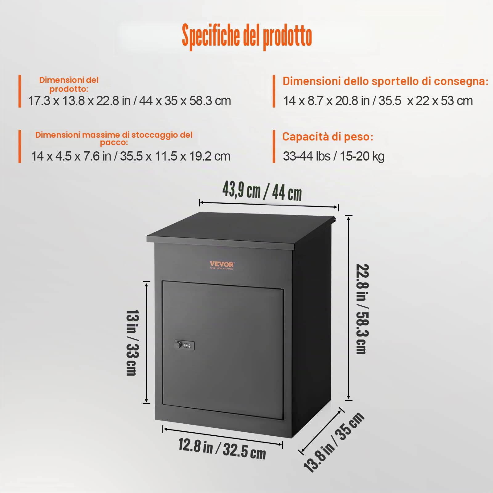 VEVOR Cassetta Postale per Pacco da Parete in Acciaio Zincato con Serratura a Codici 44x35x58,3 cm Capacità Carico 15-20 kg, Cassetta Murale per Pacchi Dimensioni max. per Pacco da 35,5x11,5x19,2 cm