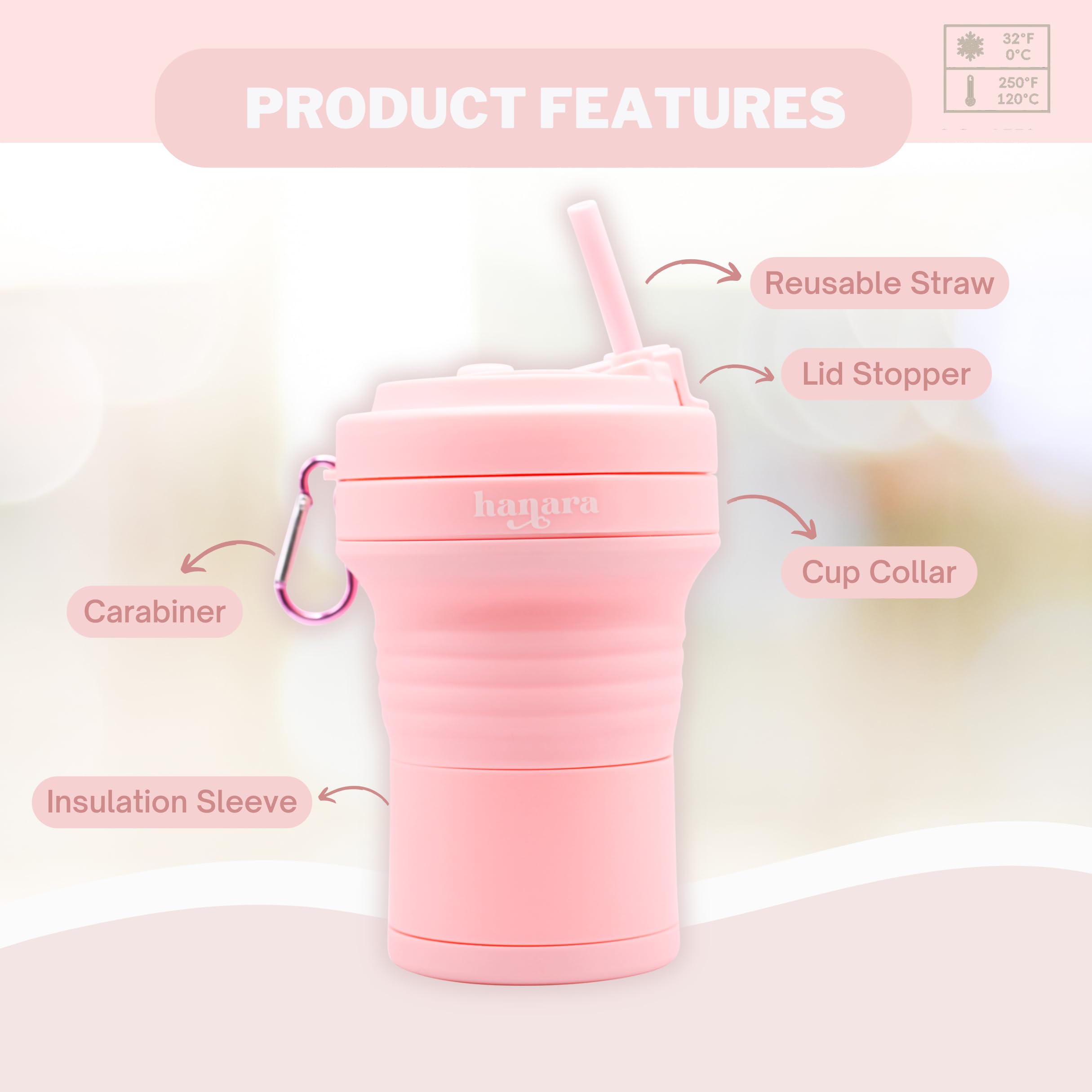 Hanara Tazas de café plegables con popote de silicona reutilizable, 550 ml, perfectas para viajes, camping, escuela, trabajo, sin BPA, a prueba de fugas, aptas para microondas y lavavajillas (rosa)
