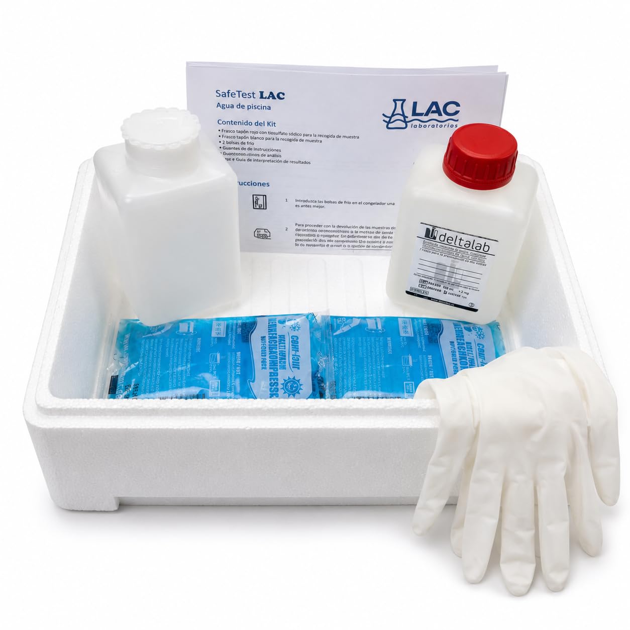 Kit de recogida de agua para análisis de los parámetros incluidos en el servicio SafeTest LAC, conforme a los criterios de calidad del agua establecidos en el Real Decreto 742/2013