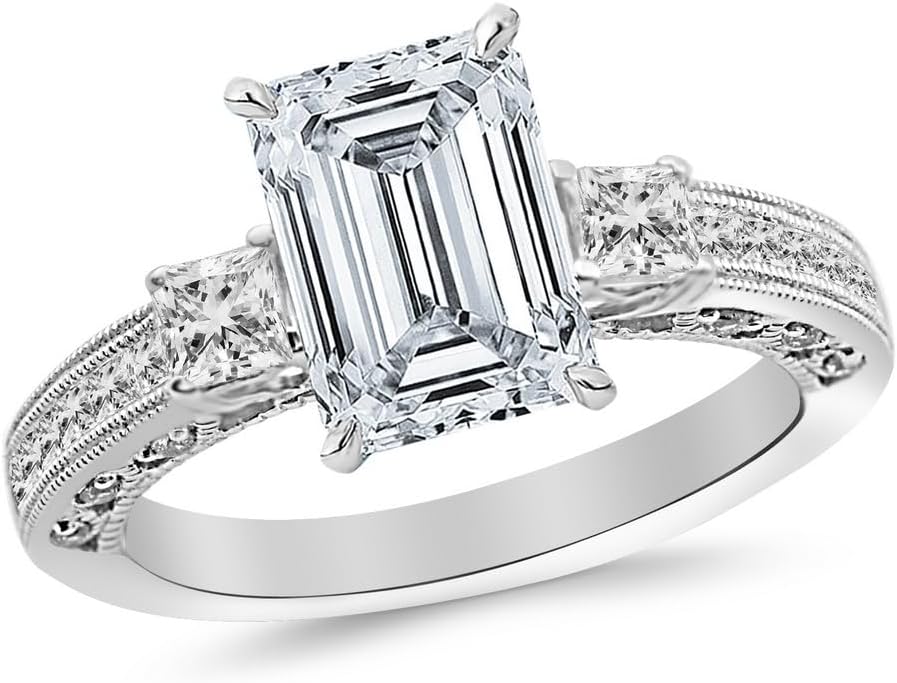 1.21 Carat Three 3 Stone Princess Cut Channel Set Diamond Engagement Ring with a 0.71 Carat GIA Certified Emerald Cut H Color VVS1 Clarity Center Stone