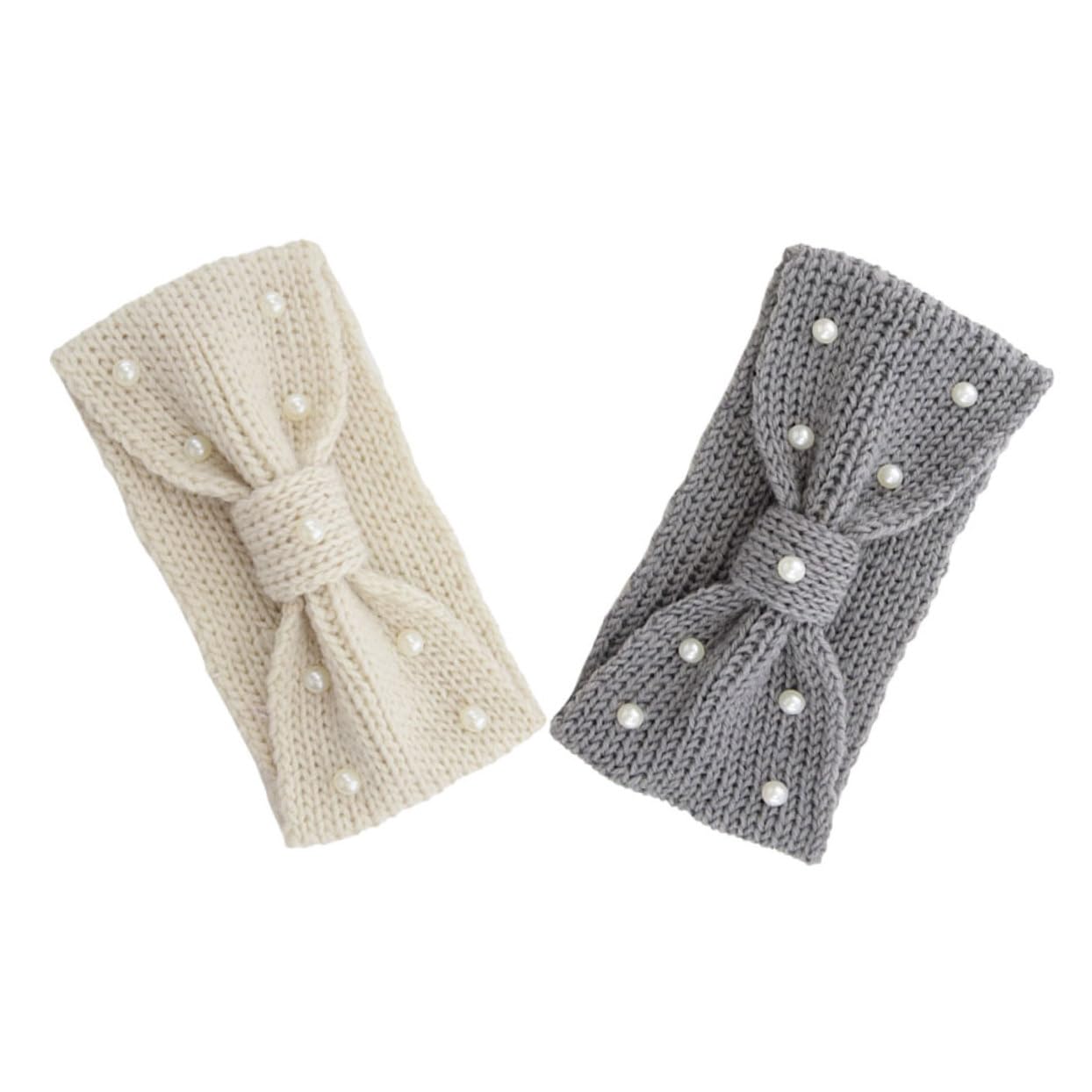 CONGARTENO Warm Knit Headband Set for Women Pearl Bowknot Hair Band Comfortable Ear Warmer Headwrap Stylish Crochet Knit Headscarf