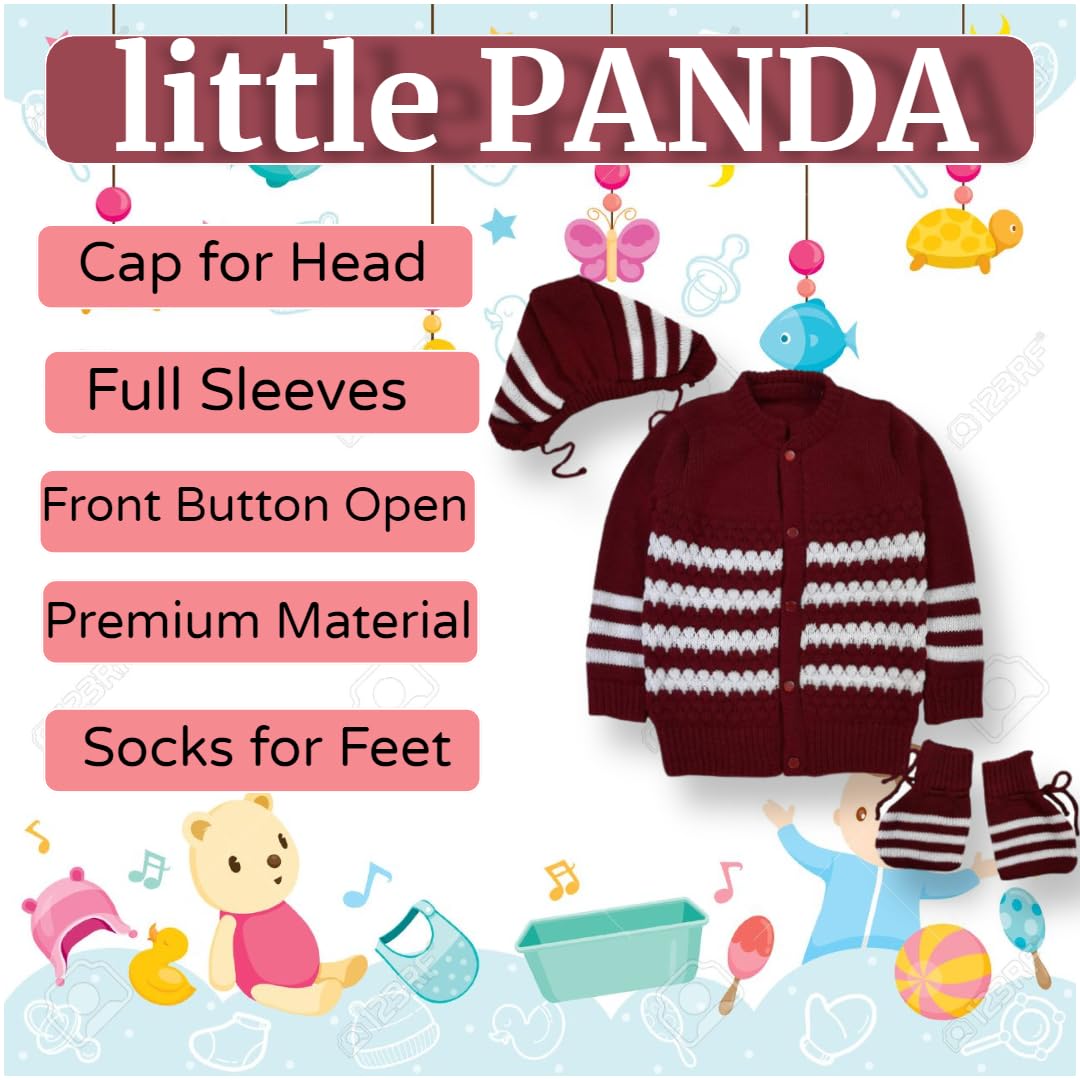 little PANDA Baby Sweater Baby Boy’s & Baby Girl’s Woolen Round Neck Long Sleeves Sweater, Cap & Booties Set Maroon - Image 2 thumbnail