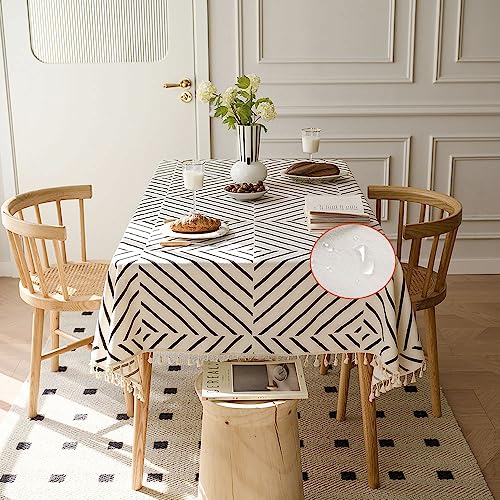 White Tablecloth for Rectangle Tables with Tassels Vinyl Waterproof Coating Table Cover with Cotton Linen Burlap Backing for Kitchen Dinning Tabletop Decor Stripe Patten 55x 86 Inch for 6-8 Seats