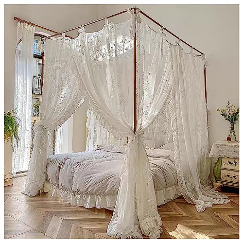 Cama con dosel doble blanca con postes y mosquitera incluida 2