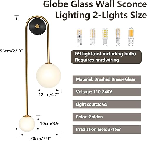 Miniatura 2 de Aplique de pared de cristal con forma de globo, 2 luces doradas, modernas, de latón cepillado, lámpara de pared de mediados de siglo con pantalla de