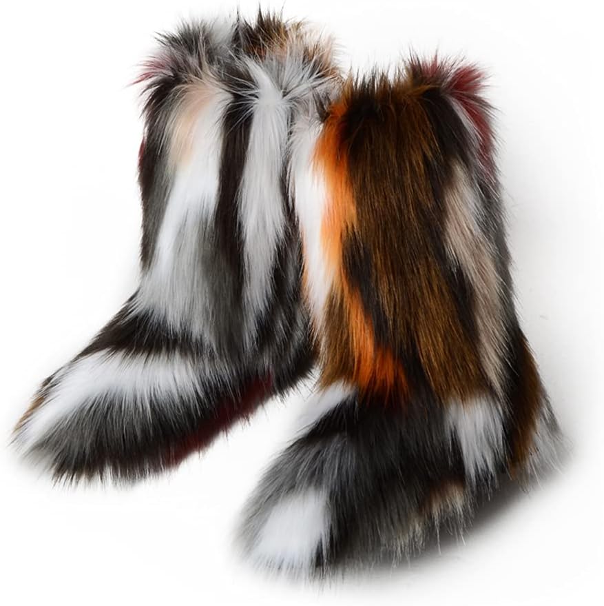ZOSCGJMY Faux Fur Boots for Women Fuzzy Fluffy Furry Round Toe Suede Winter Snow Boots Flat Shoes