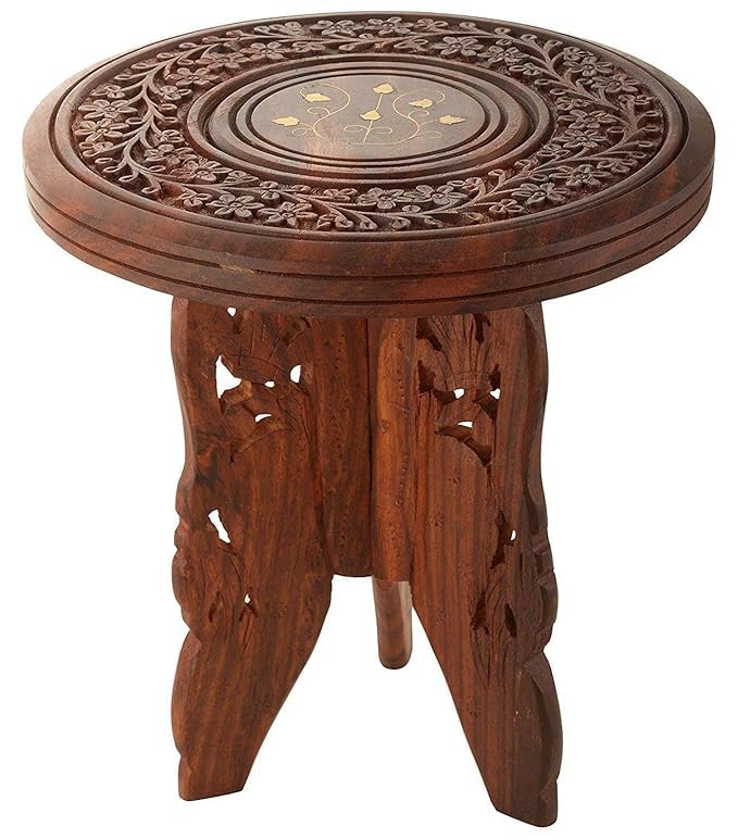 Zyvontra Handmade Wooden Round Table Vase Stool with 3 Leg Carving & Brass Folding Design Multipurpose Wooden Stool for Home Strong, Stylish & Lightweight Footrest, Step Stool & Living Room Décor