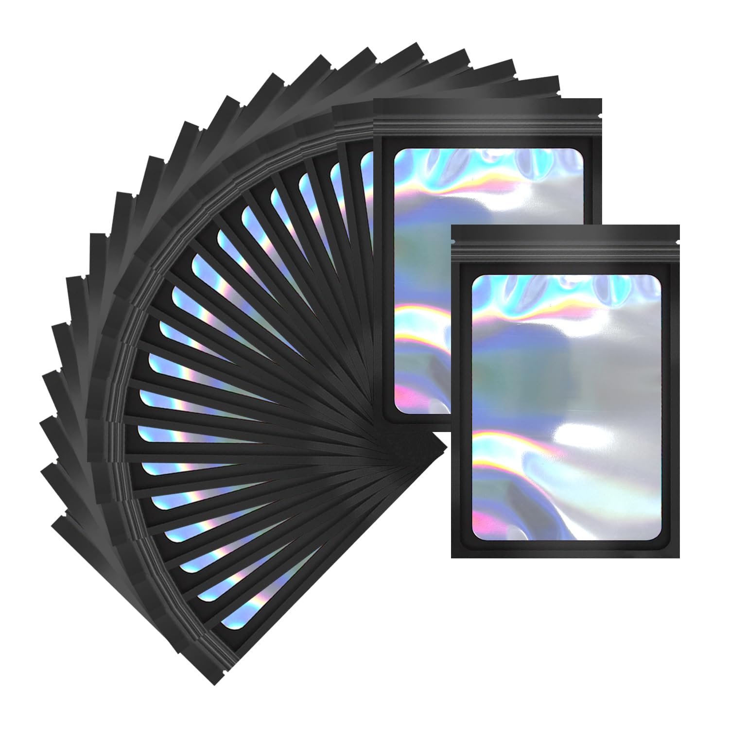 Photo 1 of 100 Pack Holographic Packaging Bags Resealable Candy Bags with Clear Window Foil Pouch Bag for Lipgloss, Jewelry, Sample Bag for Small Business (Black, 4.7x7.9 Inch)