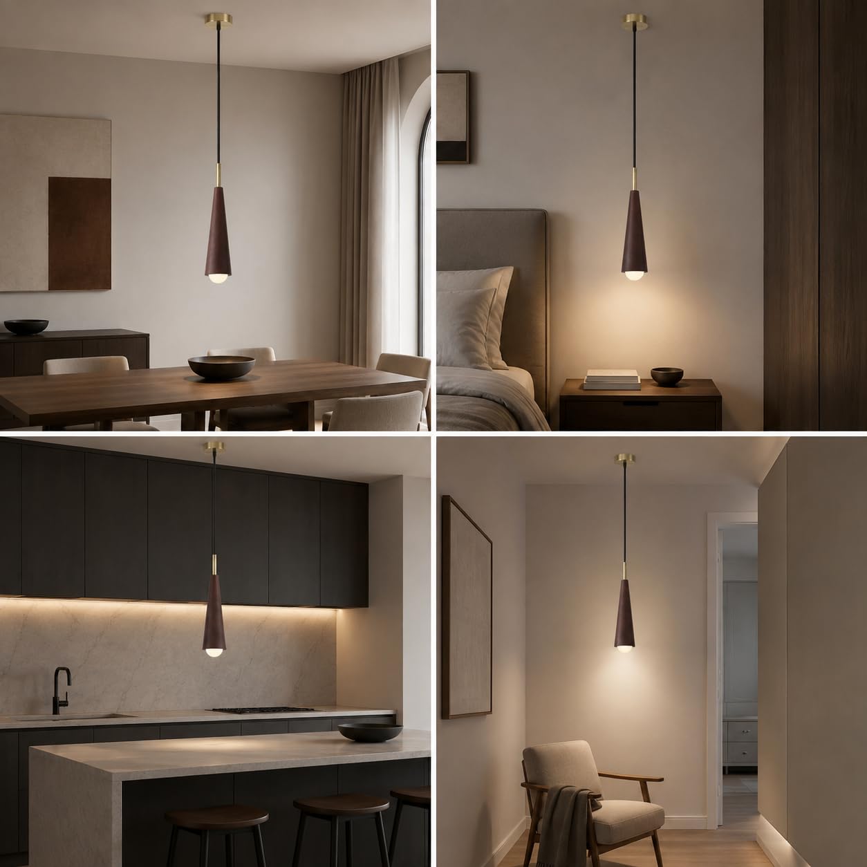 Lámpara colgante moderna de cono de madera y metal con cable para colgar.
