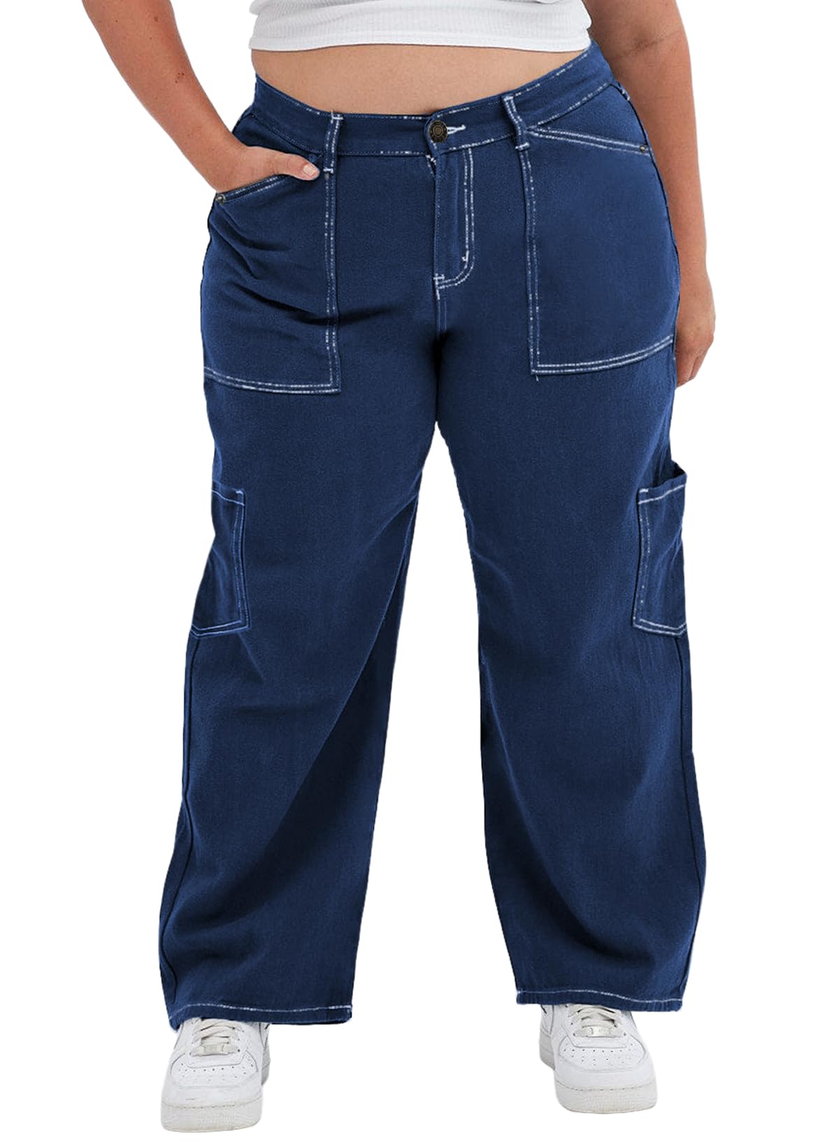 Eytino Womens Plus Size Cargo Pants High Waisted Stretch Wide Leg Baggy Pants Casual Trousers with Pockets(1X-5X)