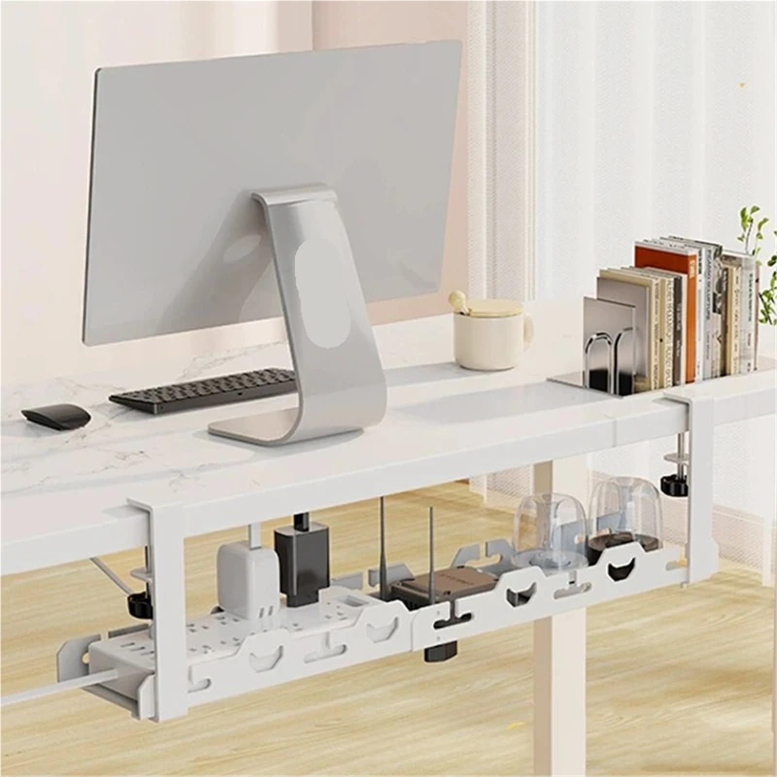 Kabelkanal Schreibtisch Kabelmanagement unter dem Schreibtisch, ausziehbares Metalltablett ohne Bohren, Mehrzweck-Hängeregal for den Haushalt Zur Aufbewahrung(Black Fixed)