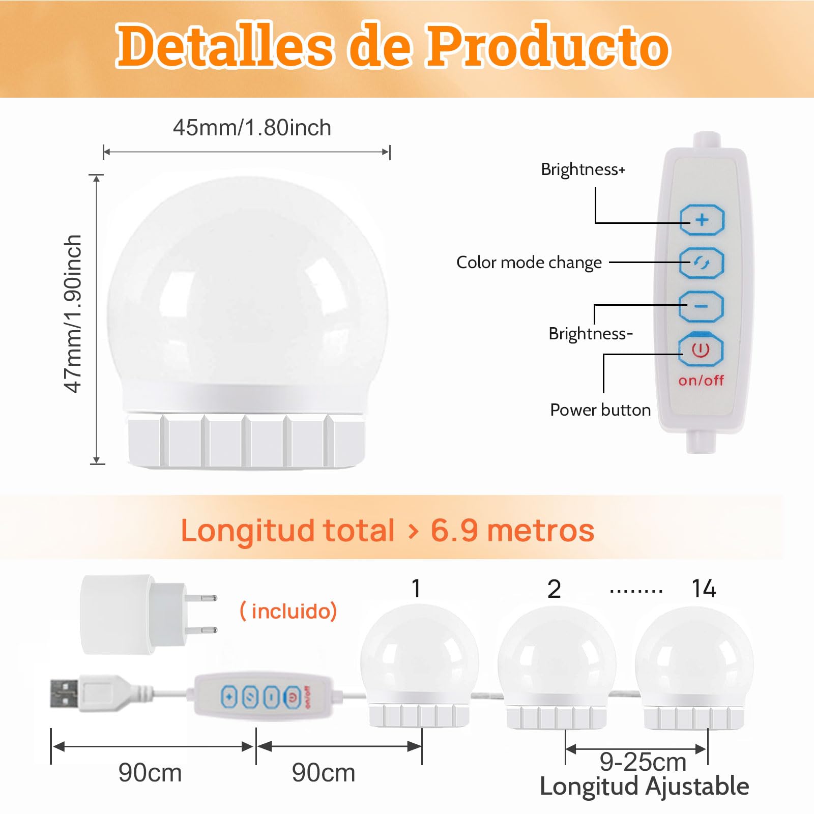Akynite Lumière de Miroir Kit de 14 Ampoules avec Adaptateur, USB Câble Réglable, 3 Couleurs et 10 Intensités, Miroir LED Hollywood Dimmable, Lampe Coiffeuse Maquillage Make Up Eclairage Adhesif