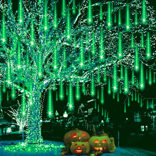 Weepong Halloween Lights Outdoor, Meteor Shower Christmas Lights for Halloween Decorations, 8 Tube 192 LED Snow Falling Rain Icicle String Light for Xmas Christmas Decor Tree Party, UL Plug Green - image 1