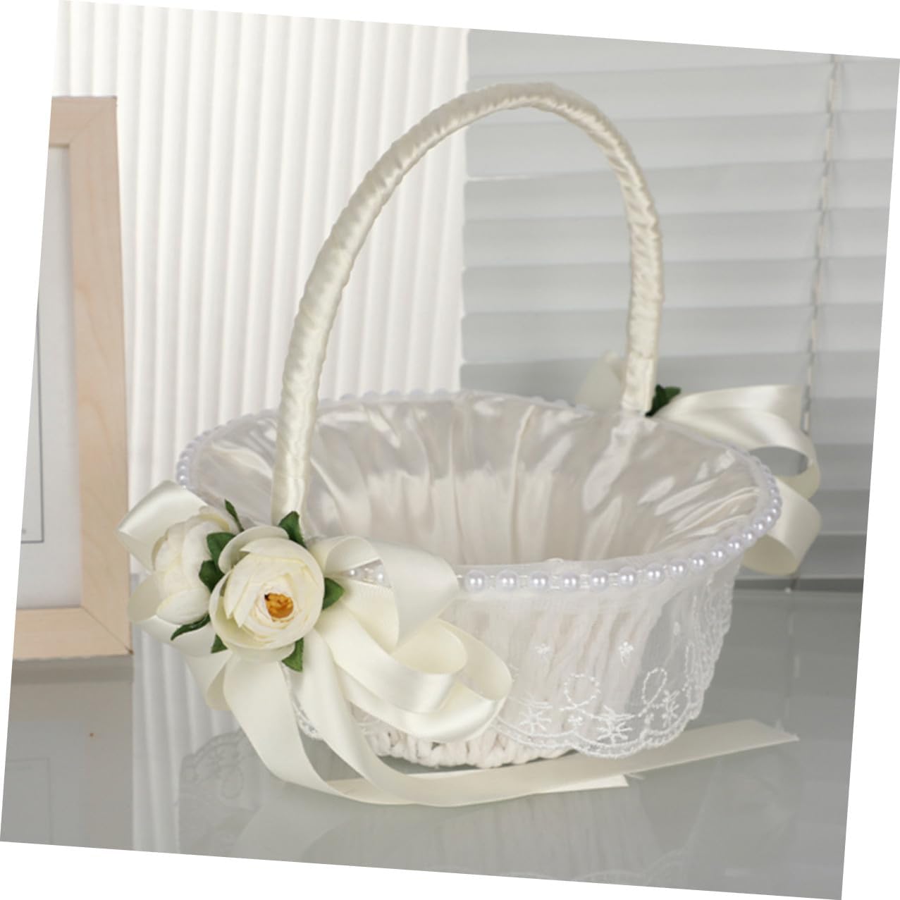 Rustic Woven Flower Girl Basket with Ribbon Handle Small Decorative Basket for Wedding Ceremony and Home Decor