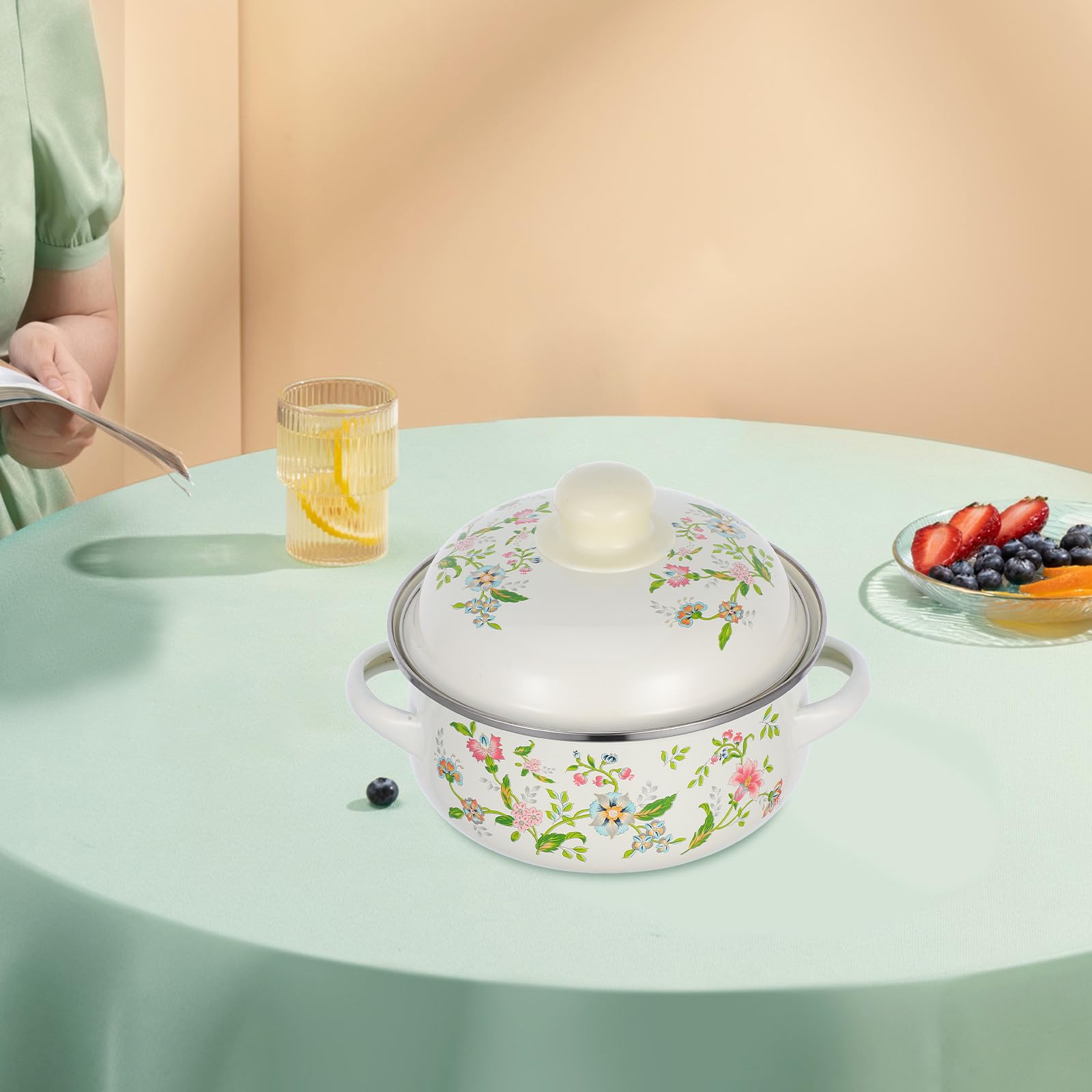 Operitacx Set 3 Pentole Smaltate con Coperchio, Pentola per Brodo a Fuoco Lento con Doppie Maniglie, Pentola per Zuppa d'Epoca Floreale, Dimensioni 16-18-20 Cm per Cucina e Stufa