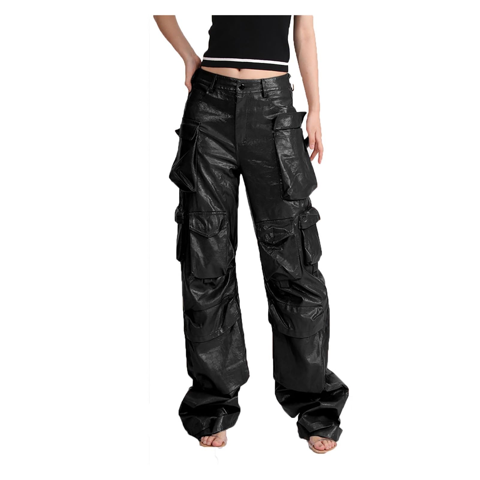 WEITING Frauen Faux PU Leder Hosen Einfarbig Hohe Taille Bein Hosen Mit Taschen Vintage Ästhetische Hosen Streetwear Lederhose