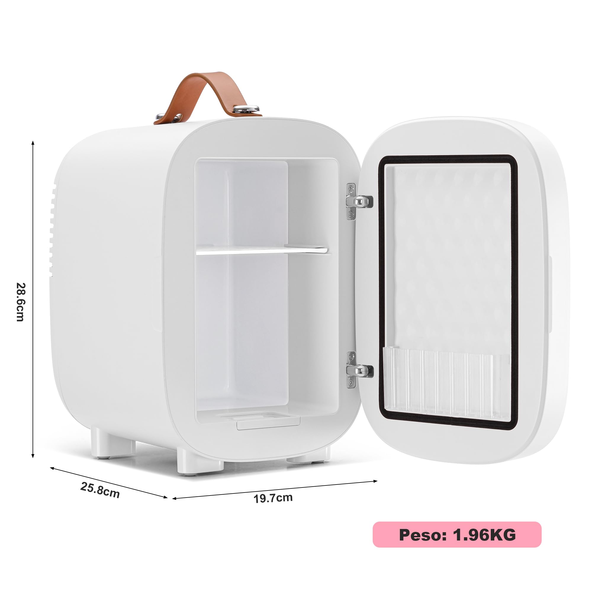 Enventor 4L 6 Latas Nevera Pequeña Blanco, Mini Frigorifico con Enfriador y Calentador, Espejo con Luz LED Regulable, Alimentación Dual, Mini Nevera para Habitacion, Oficina y Coche