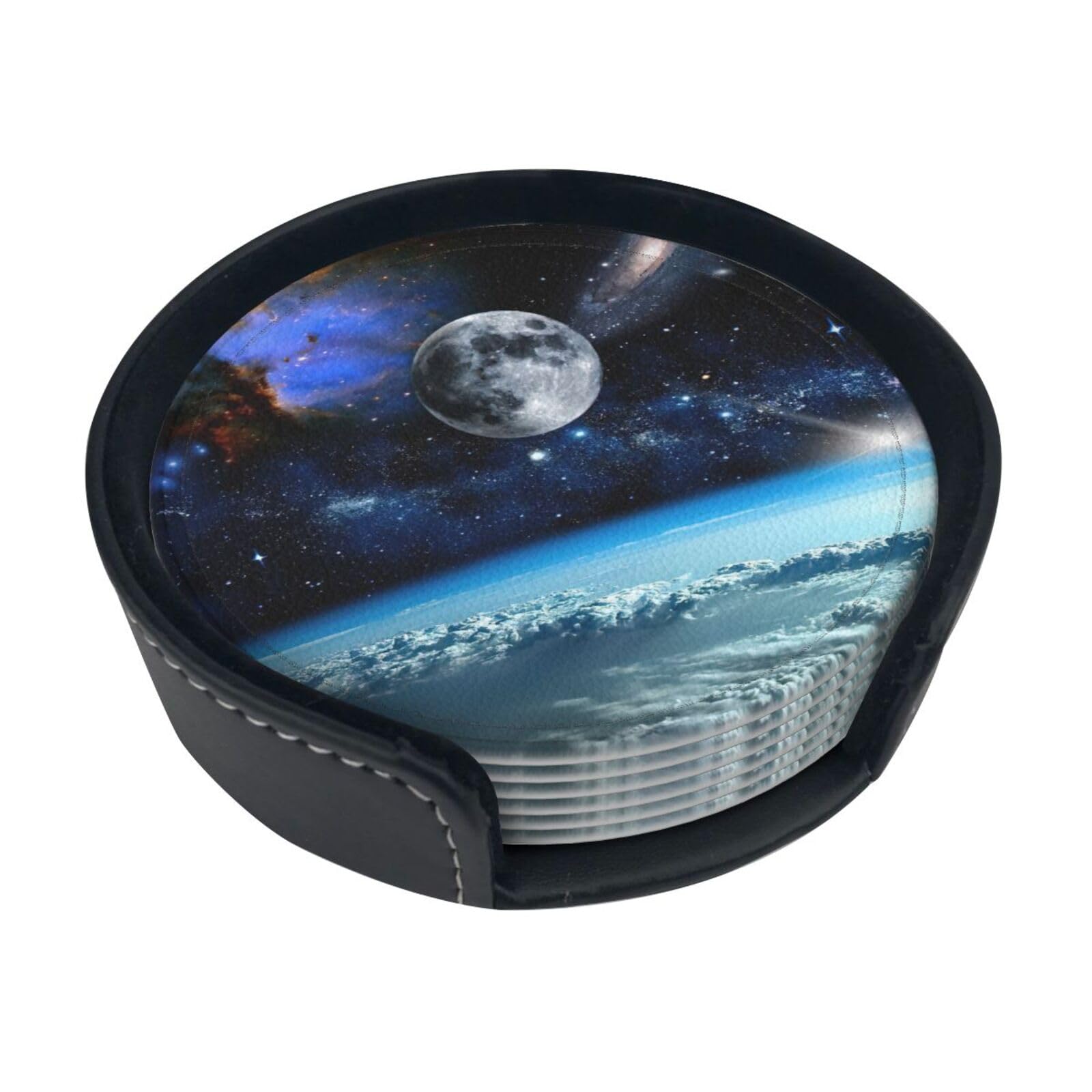 Space Planet Print Leather Coasters Set Of 6 With Holder,4 Inch Round Drink Coasters,Heat Resistant,Easy Clean For Home & Bar