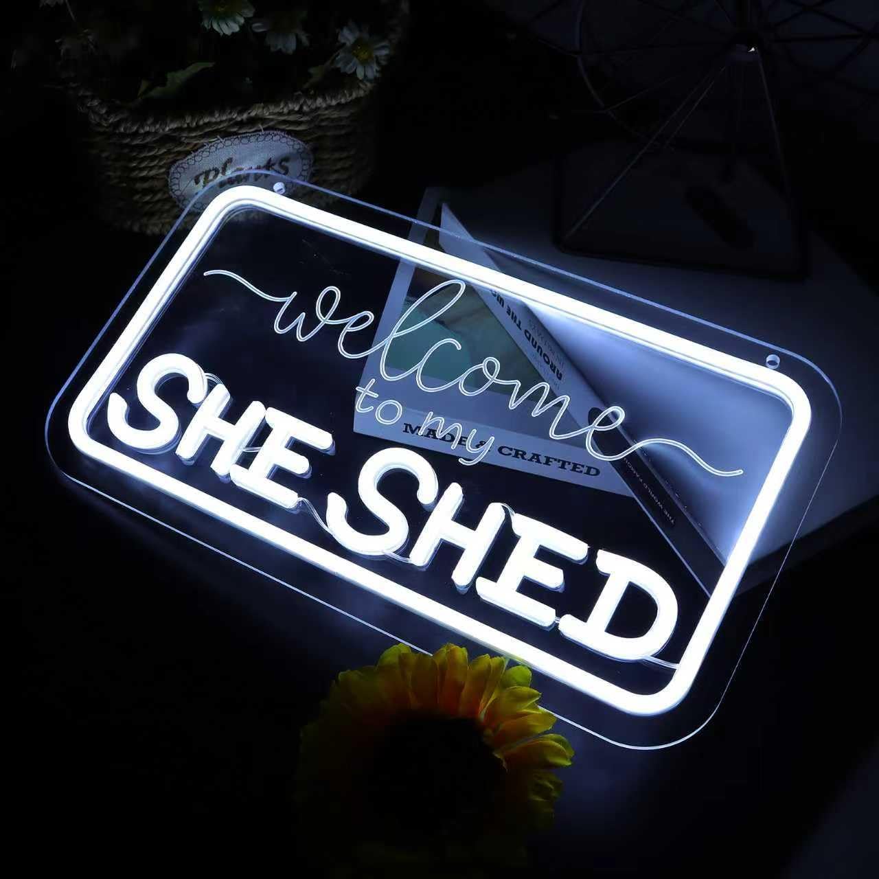 She Shed Neon Sign Welcome LED Wall Light Dimmable Light Sign for Home Bar Bedroom Restaurant Shop, Retreat Room Decor, Gift for Mom or Wife(USB power, 14 * 8 inch)