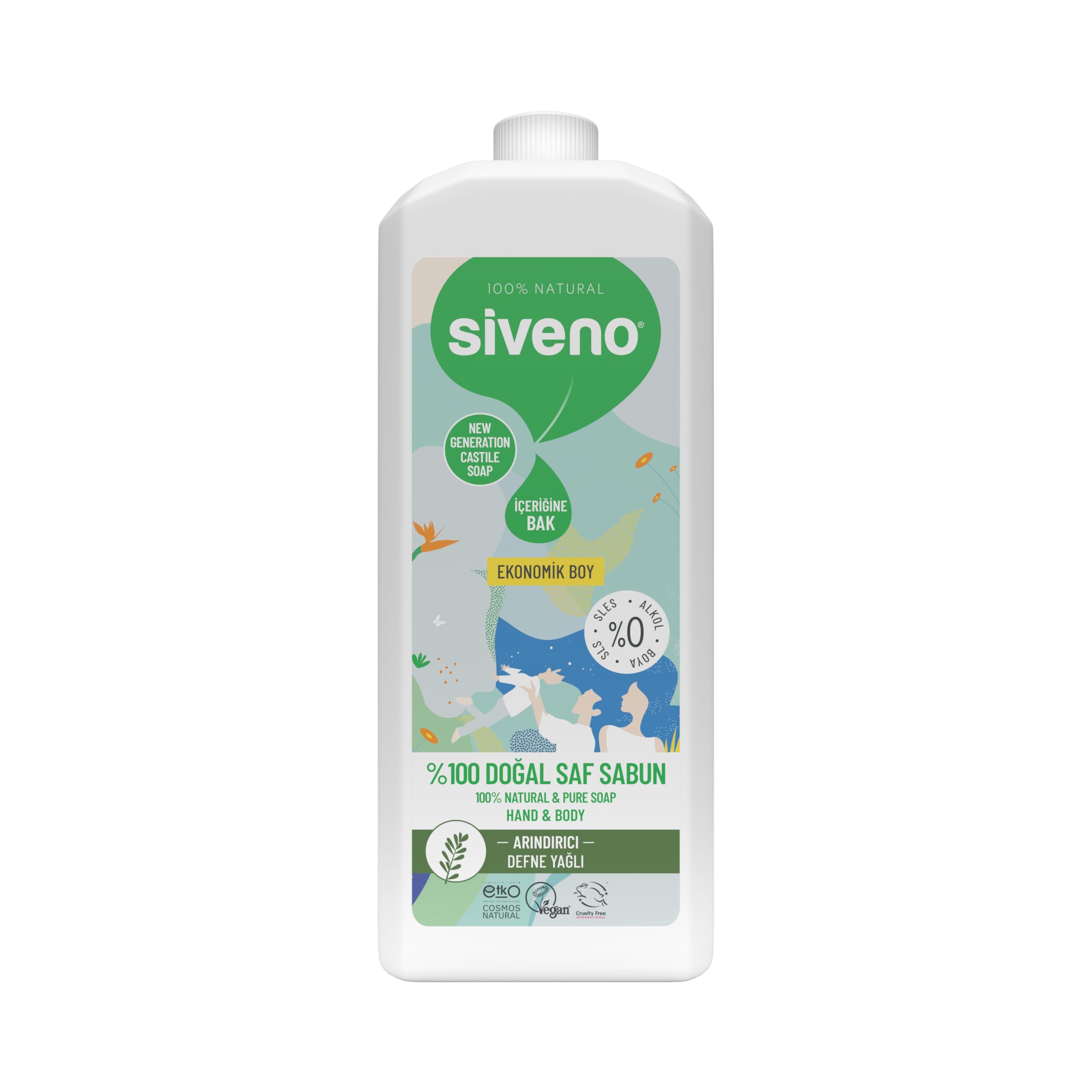Siveno %100 Doğal Sıvı Kastil Sabun Defne Yağlı Yoğun Nemlendirici Arındırıcı Bitkisel Vegan 1000 ml