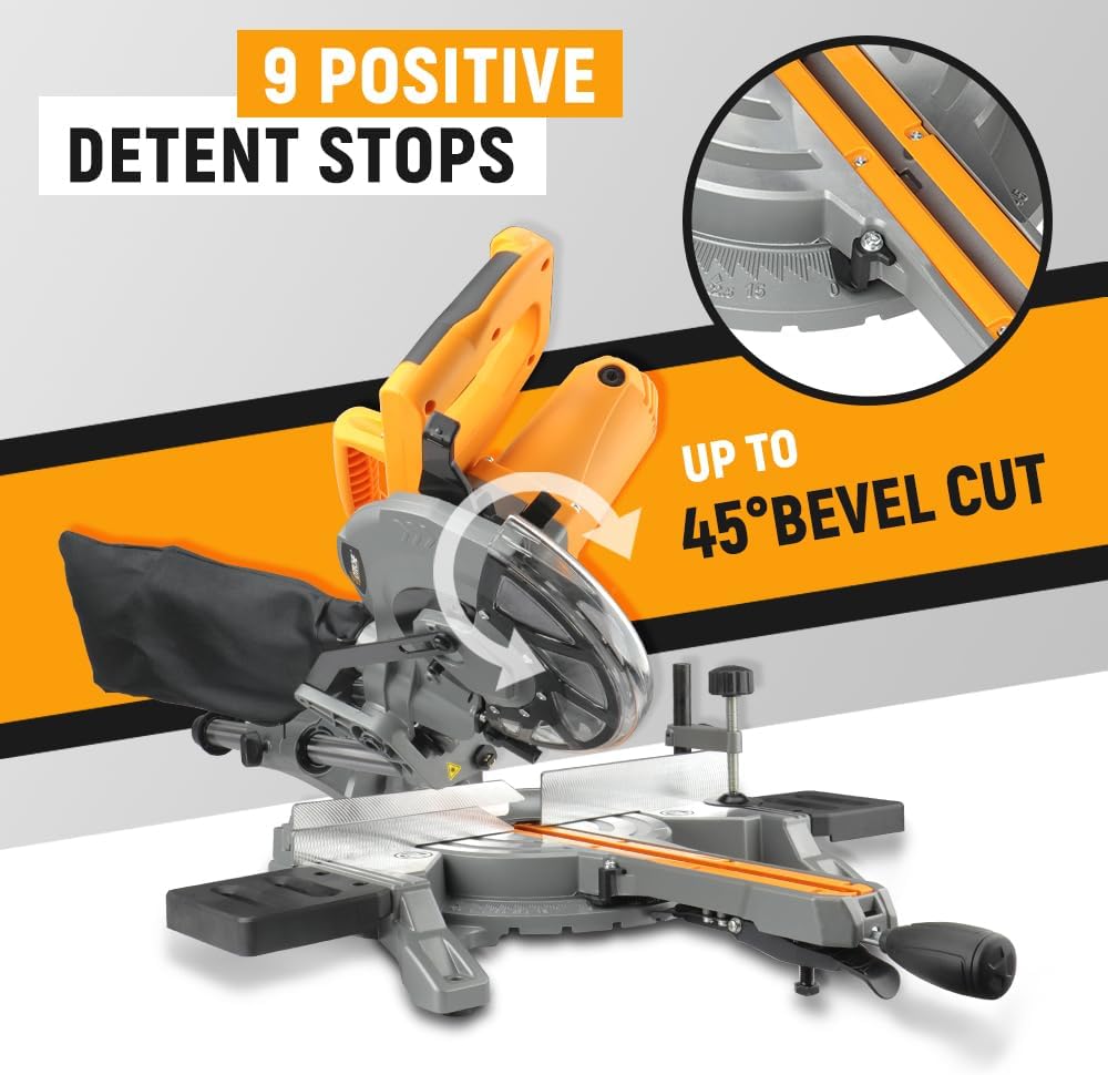 Image showing miter saw with 9 positive detent stops and up to 45 degree bevel cut