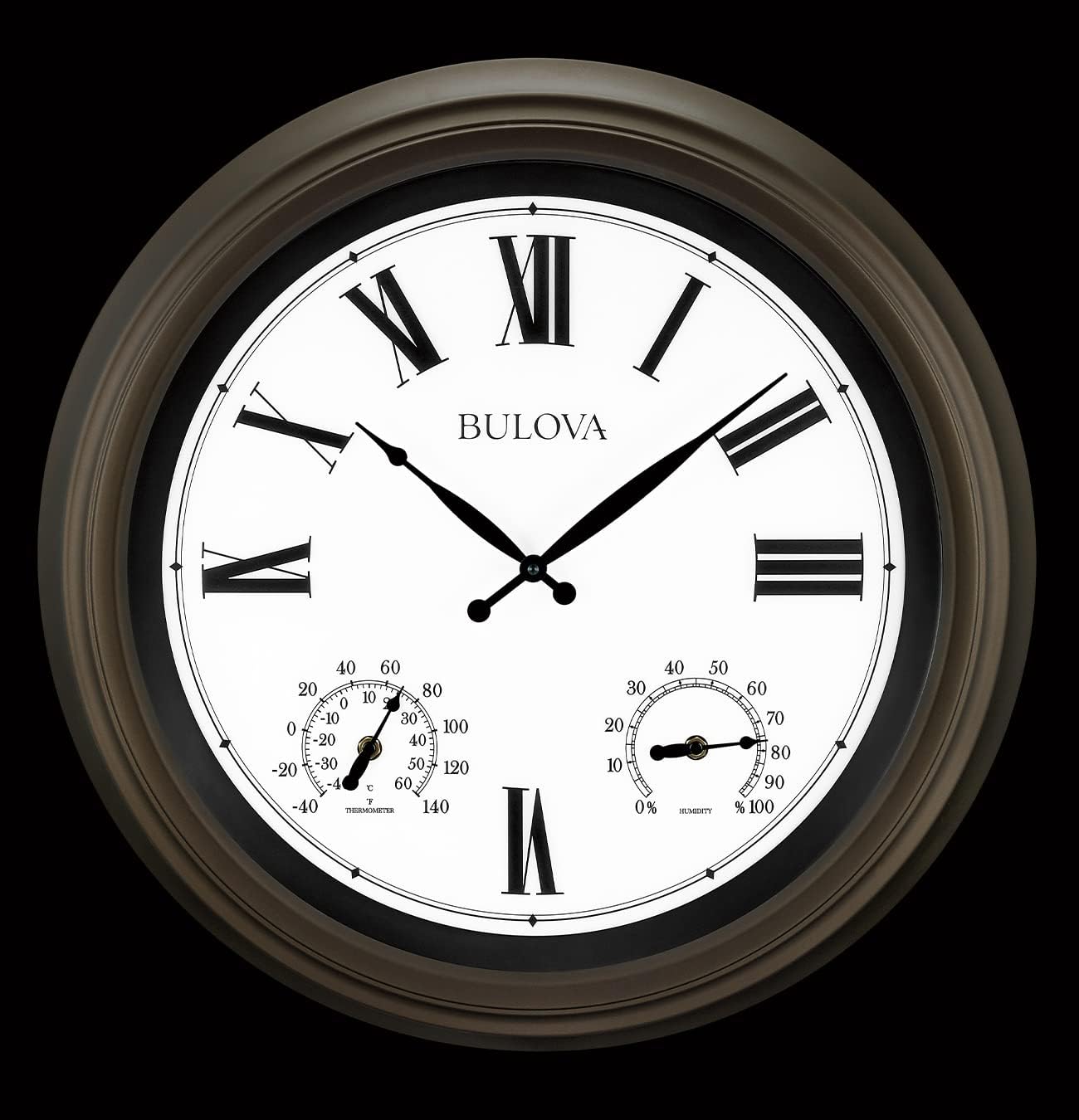 Bulova Vineyard Illuminated Wall Clock C4886 | 22" Matte Bronze Metal Frame with Backlit Dial | Built-in Thermometer & Hygrometer | Battery Operated | Weatherproof Outdoor Décor