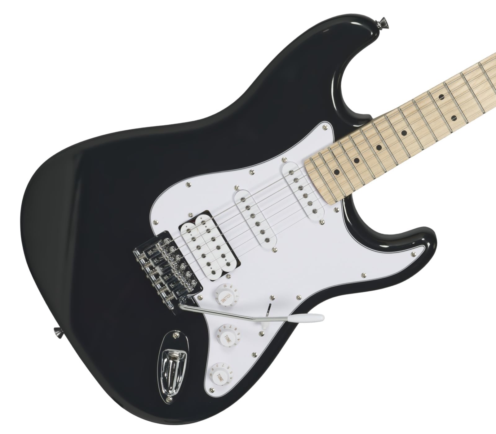 Woodbrass ST100 E-Gitarre, Schwarz, vielseitige Gitarre, ideal für Anfänger, Korpus ST-Form, amerikanische Linde, Ahorngriffbrett, Rock-Stil, Pop, Funk, Country, Hardware, Metall